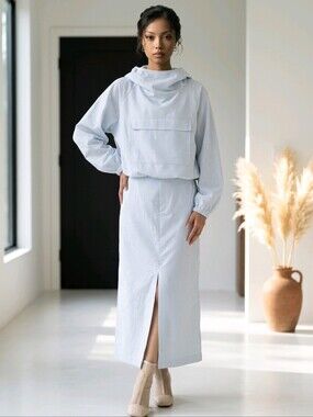 SET Uniqlo :C Women's Hooded Pullover & Skirt White Blue Striped.